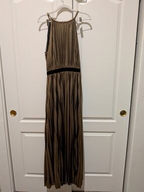 BCBGMaxAzria Metallic Gold Pleated Maxi Dress with Black Waistband